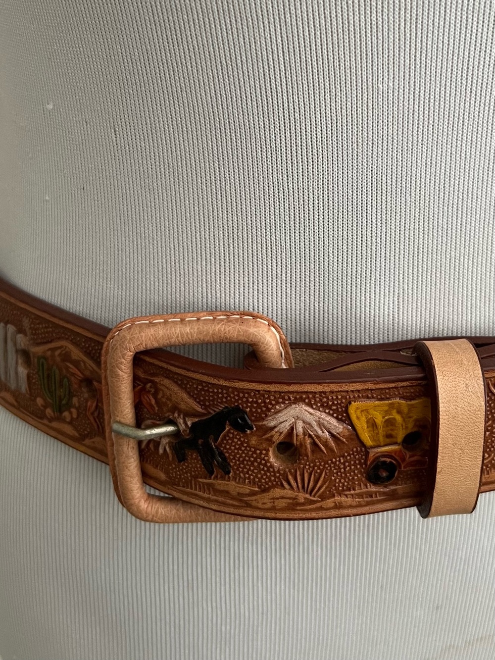Vintage Western Leather Belt Hand-Tooled and Painted Mexico Horses Size 32
